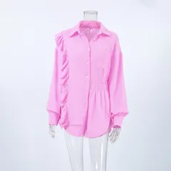Solid Colour Pure Cotton Ruffles Long Sleeve Shorts Suit - Pink - View 1