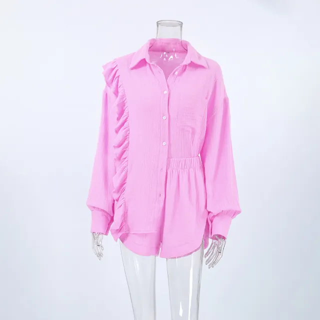 Solid Color Pure Cotton Ruffles Long Sleeve Shorts Suit Pink - Shop at LoveMi