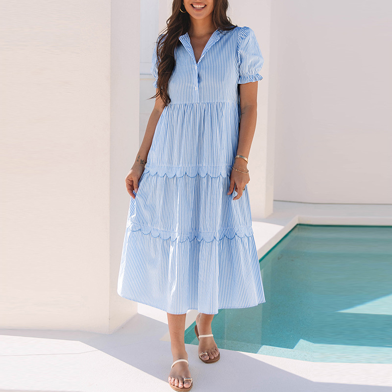 Striped Color Puff Sleeve Dress