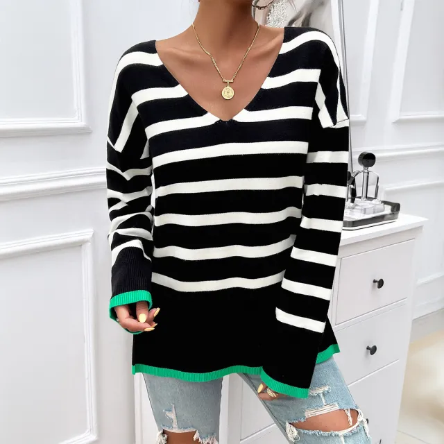 Women's Loose Contrast Color V neck Long Sleeve Sweater Black - Shop at LoveMi