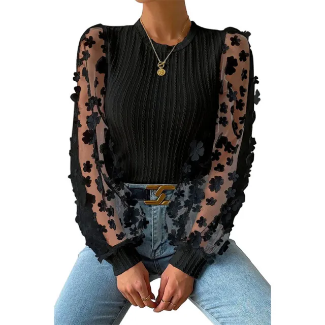 Women's Mesh Small Flower Chiffon Shirt Summer Round Neck Long Sleeve Top Black - Shop at LoveMi