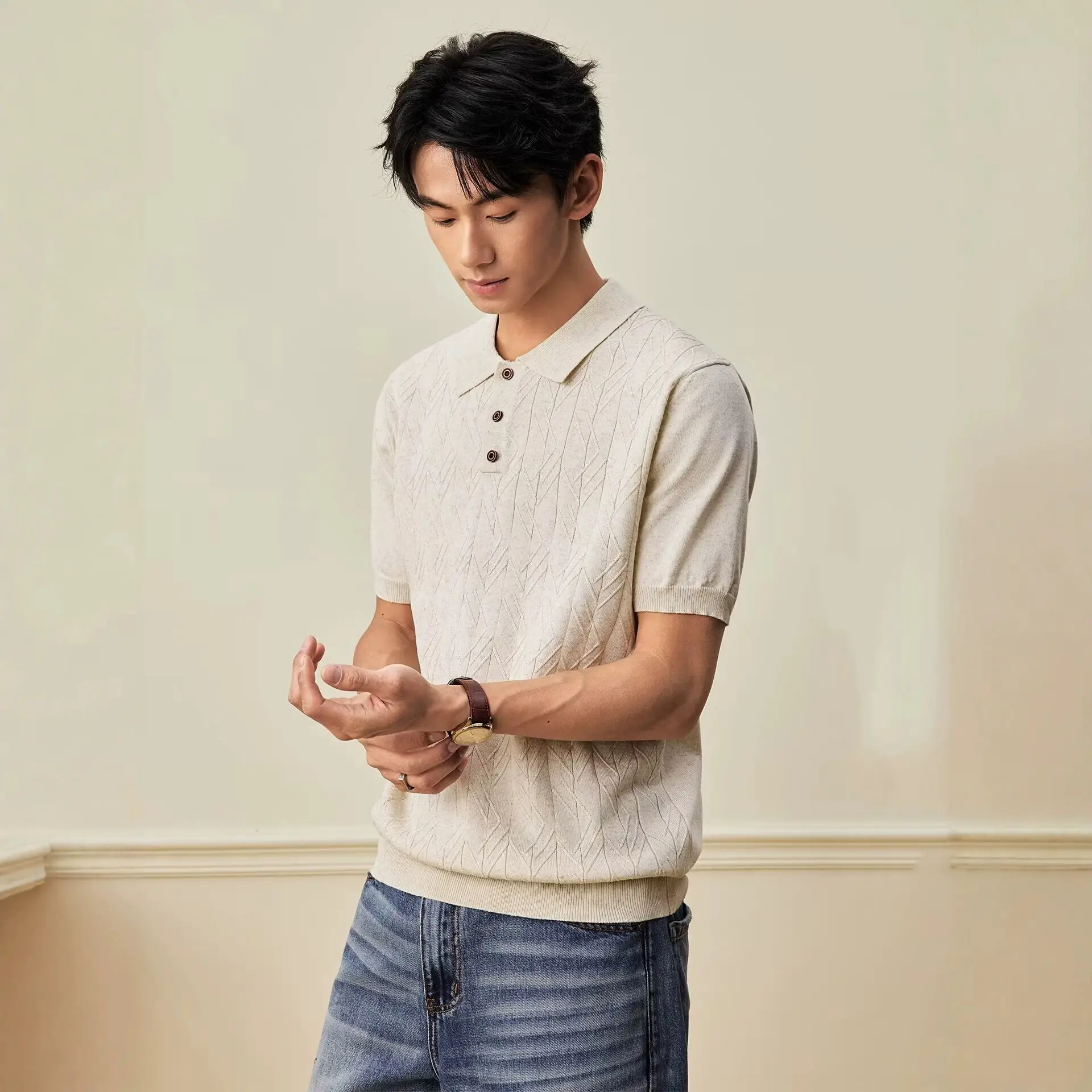 Japanese-style Retro Mens Knitted T-shirt Top