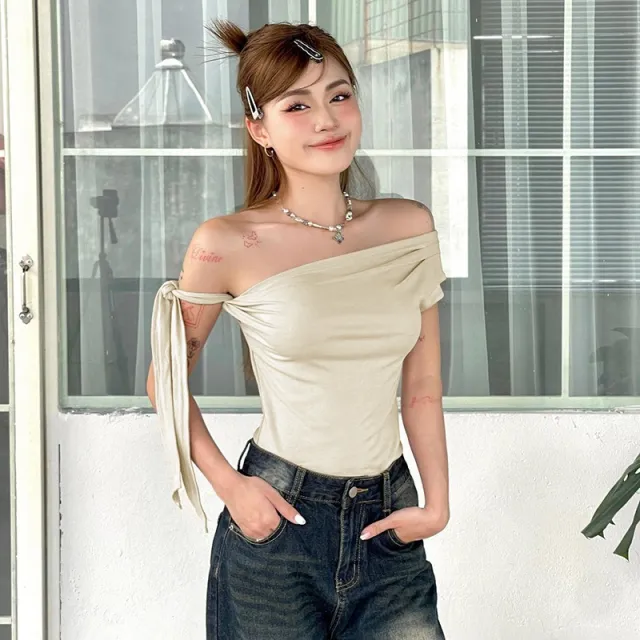 Pleated One shoulder Backless Twisted Lace up Asymmetric T shirt Top Beige - Shop at LoveMi