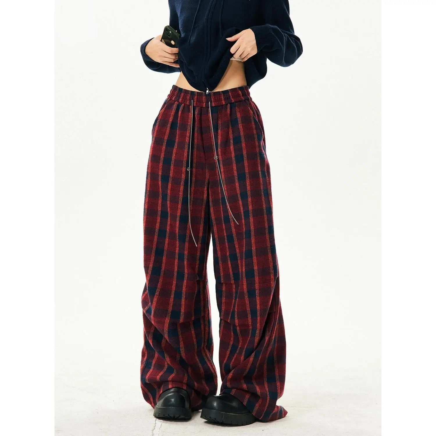 Retro High-waisted Red Plaid Wide-leg Pants For Women Spring And Autumn