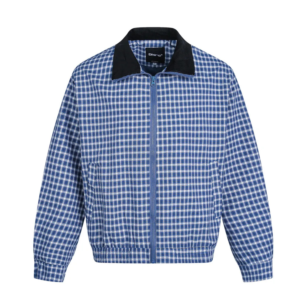 Plaid Corduroy Collar Stitching Workwear Jacket - Blue Plaid