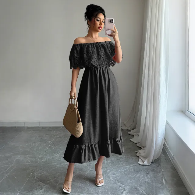 European And American Elegant Style Off shoulder A Line Dress Black - Shop at LoveMi