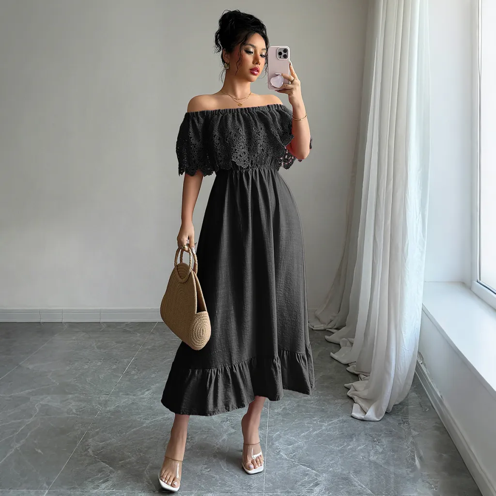 European And American Elegant Style Off-shoulder A- Line Dress - Black