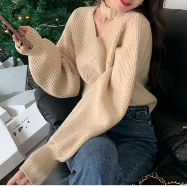 Halter Sweater Short Knitted Bottoming Shirt With Niche Chic Women's Top Apricot - Shop at LoveMi