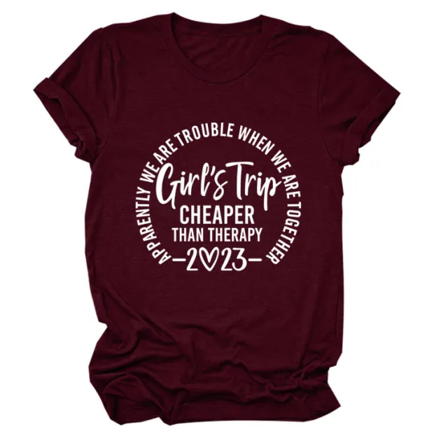 Letter Crew Neck Short Sleeve Loose Women's T shirt Wine - Shop at LoveMi