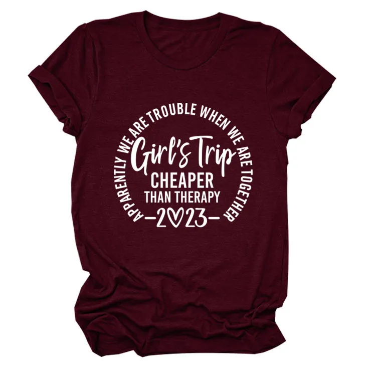 Letter Crew Neck Short Sleeve Loose Women's T-shirt - Wine