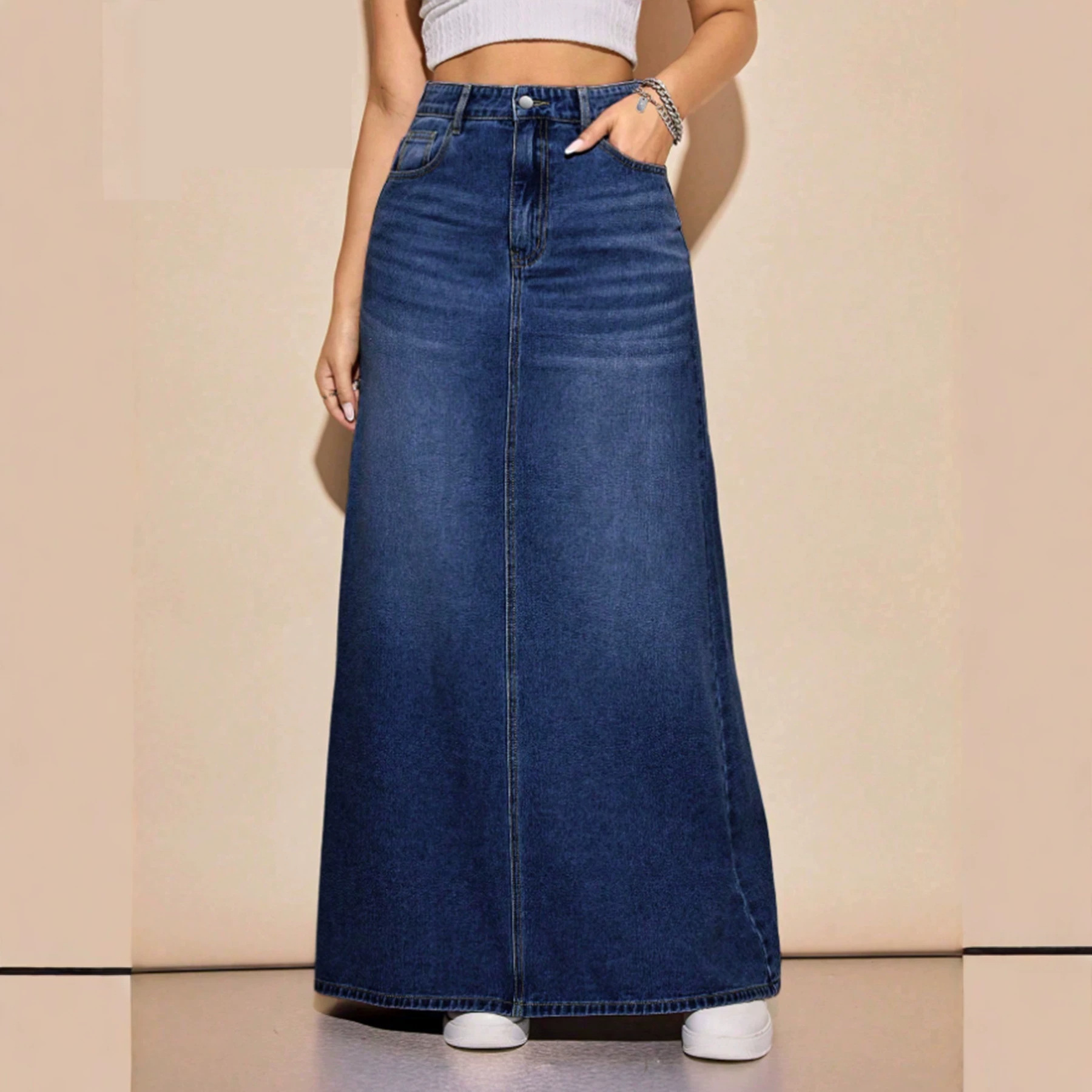 Womens Slimming, Versatile, Washed-look Denim Skirt