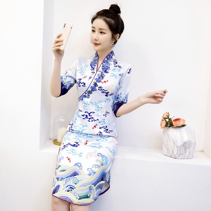 Spring And Summer New Printed Cheongsam Composite Mid-length