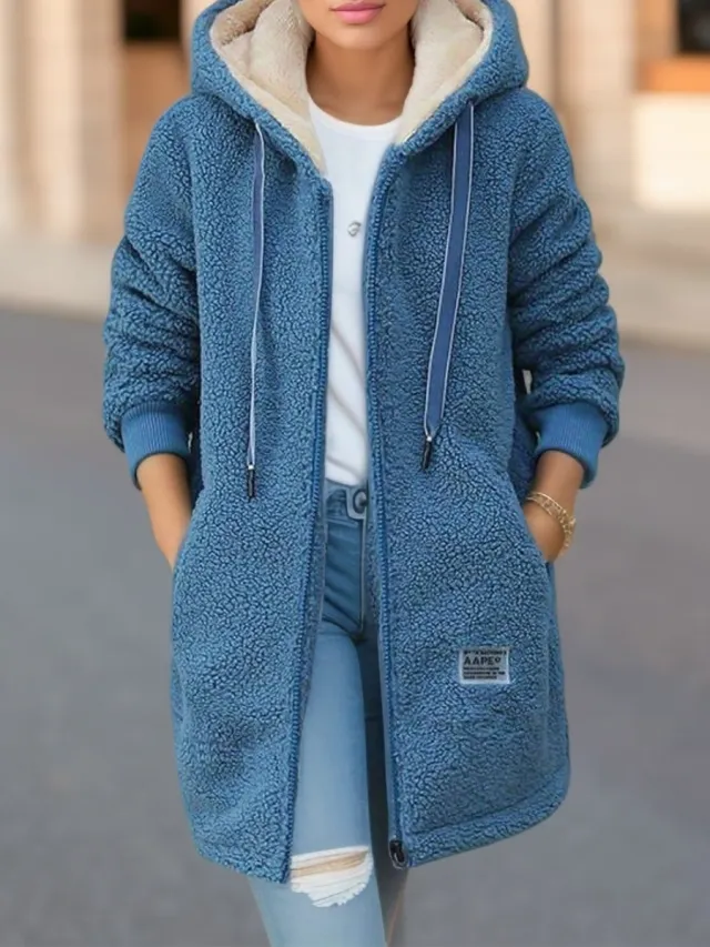 Winter Fleece Hooded Jacket Fashion Casual Zip up Pockets Long Sweatshirt Warm Commuter Women's Clothing Blue - Shop at LoveMi