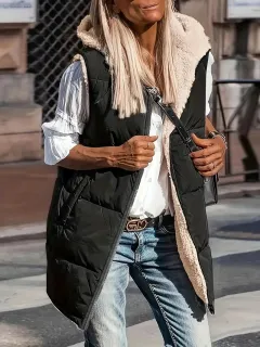Hooded Double-sided Slim Fit Elegant Cardigan Vest - Black - View 1