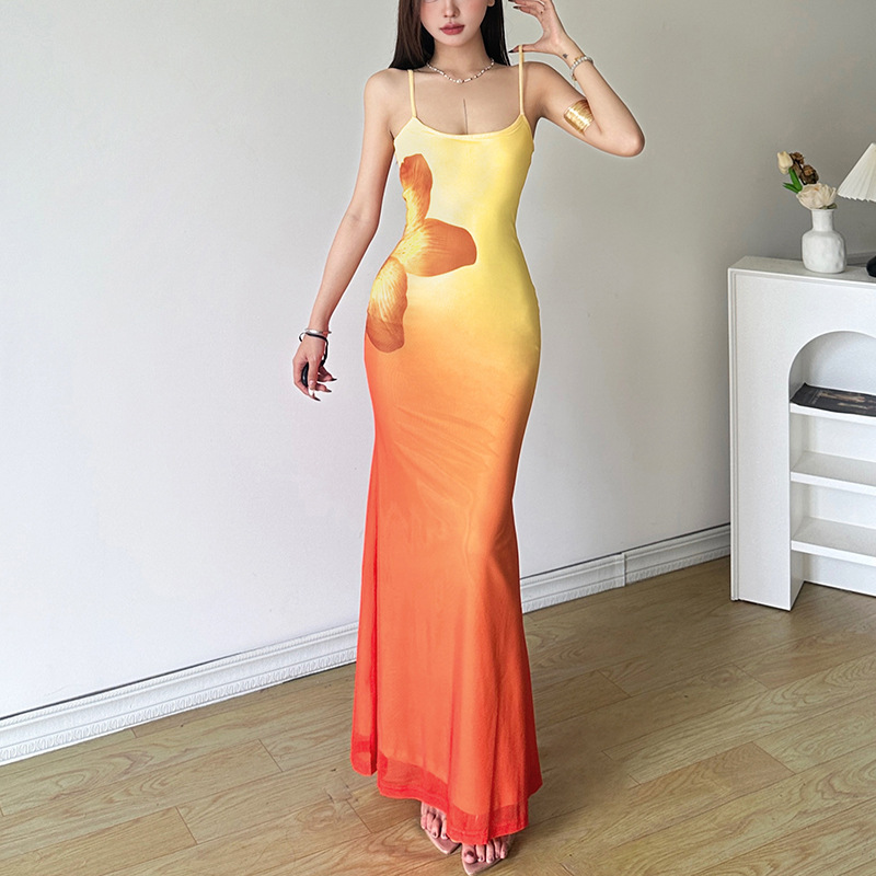 Pure Desire Wind Three-dimensional Gradient Flower Fishtail Sheath Dress