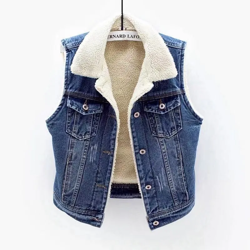 New Denim Vest Fleece-lined Thickened Slim Fit Hooded Cotton Jacket Warm Top Fashion - Dark 999-M