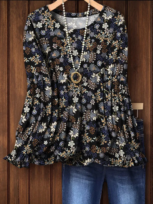 European And American Autumn New Round Neck Floral 3D Printed Long sleeved Top Women Cfa2383Bk - Shop at LoveMi