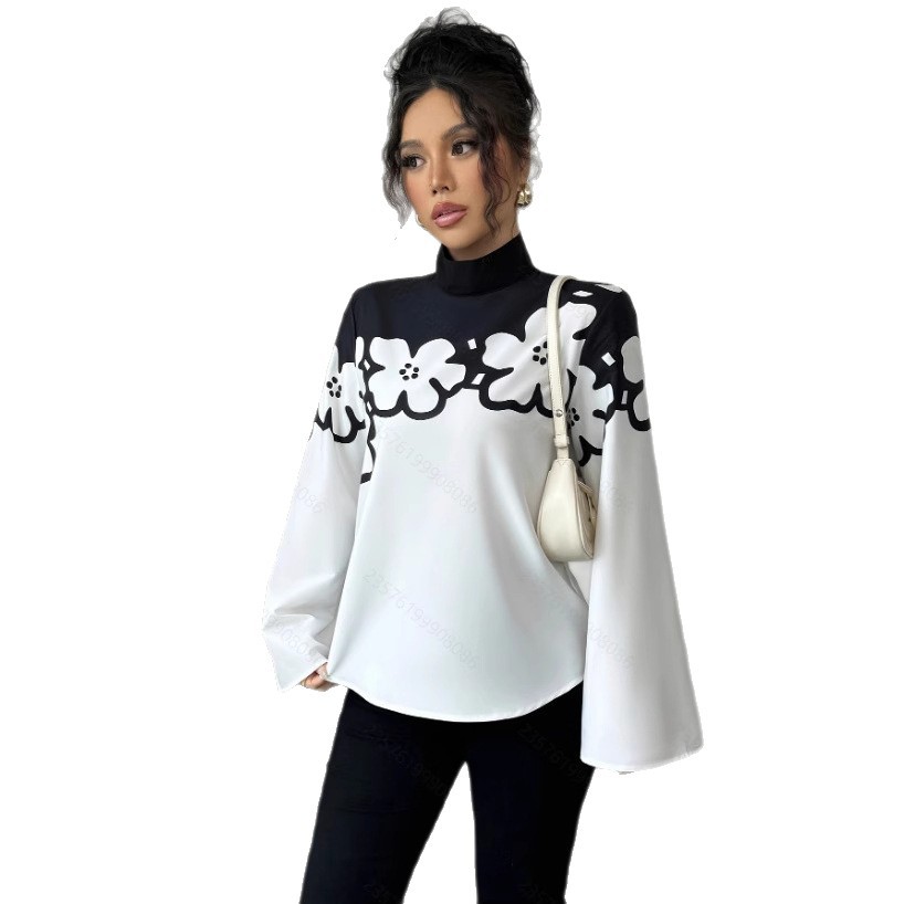 Women's Elegant Commuter Loose Floral Print Long Sleeve Stand Collar Shirt