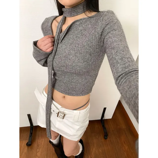 Fashionable Sunken Stripe Diagonal Buckle Design Korean Style Irregular With Personality Top Sweater Gray - Shop at LoveMi
