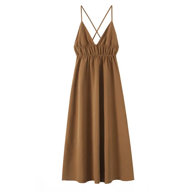 Women's SpringSummer Backless V neck Strap Dress Brown - Shop at LoveMi