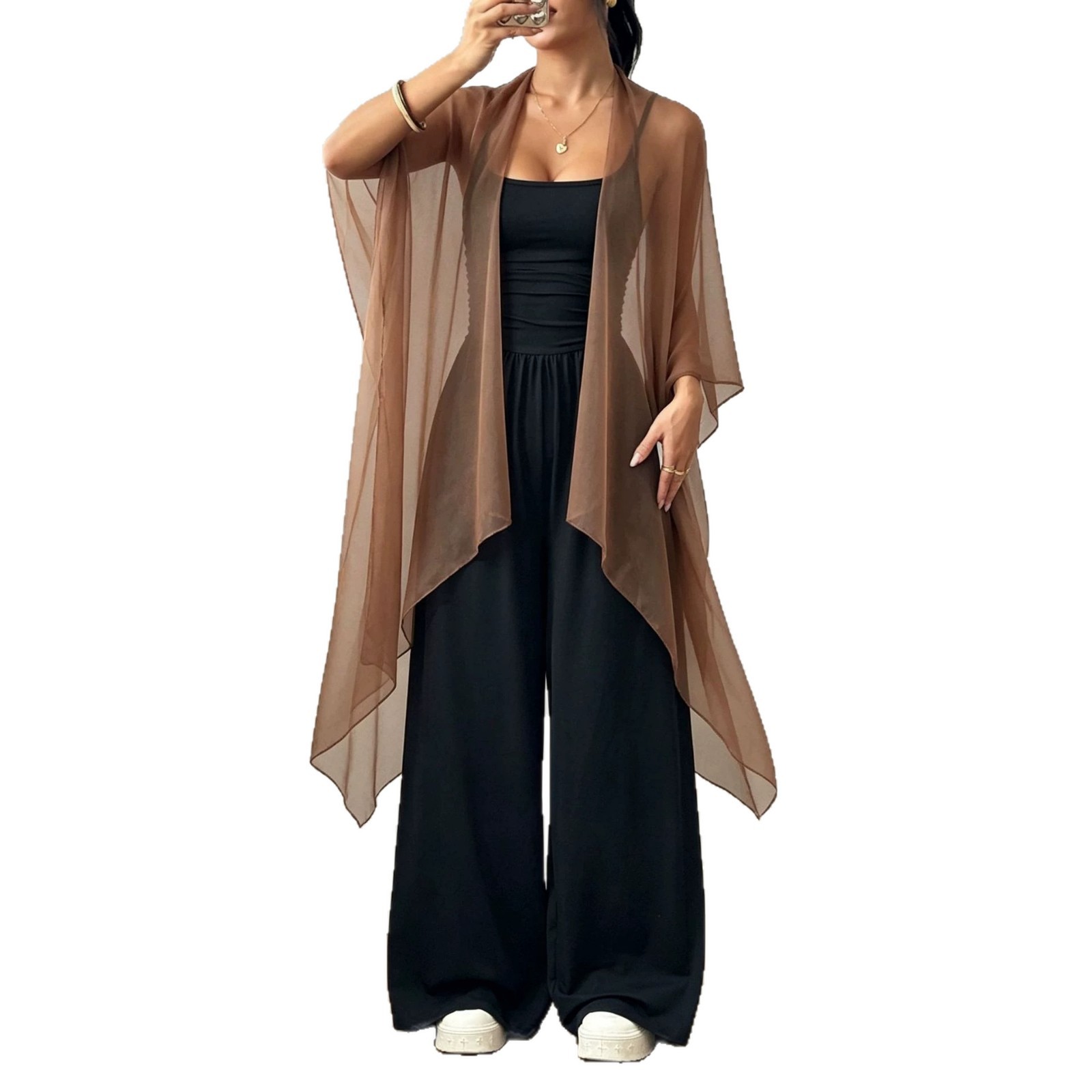 Women's Casual Jumpsuit With Straps And Shawl 2-piece Set
