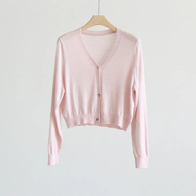 Spring And Summer Fashionable Soft And Comfortable V-neck Short Sweater - Pink