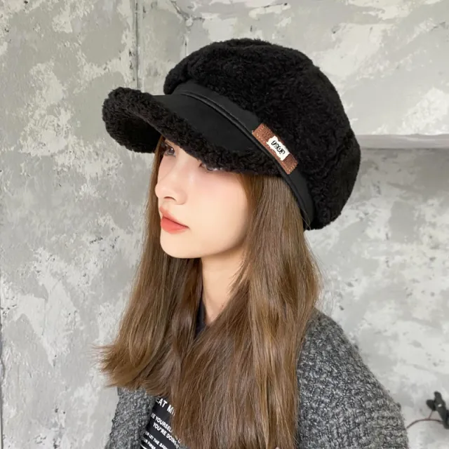 Faux Cashmere Fashion Leather Tag Octagonal Winter Warm Peaked Cap Black - Shop at LoveMi