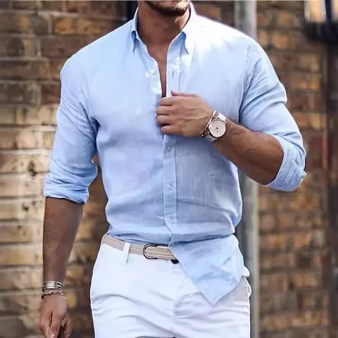 Cotton Linen Long Sleeve Shirt Solid Color Polo Collar