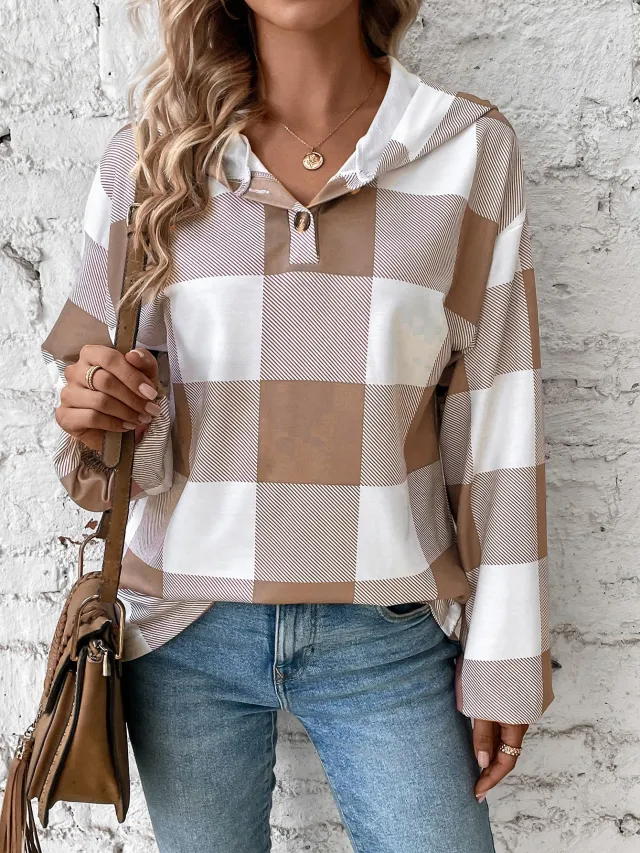 Loose Casual Fashion Button Long Sleeve Hooded Sweater Brown - Shop at LoveMi