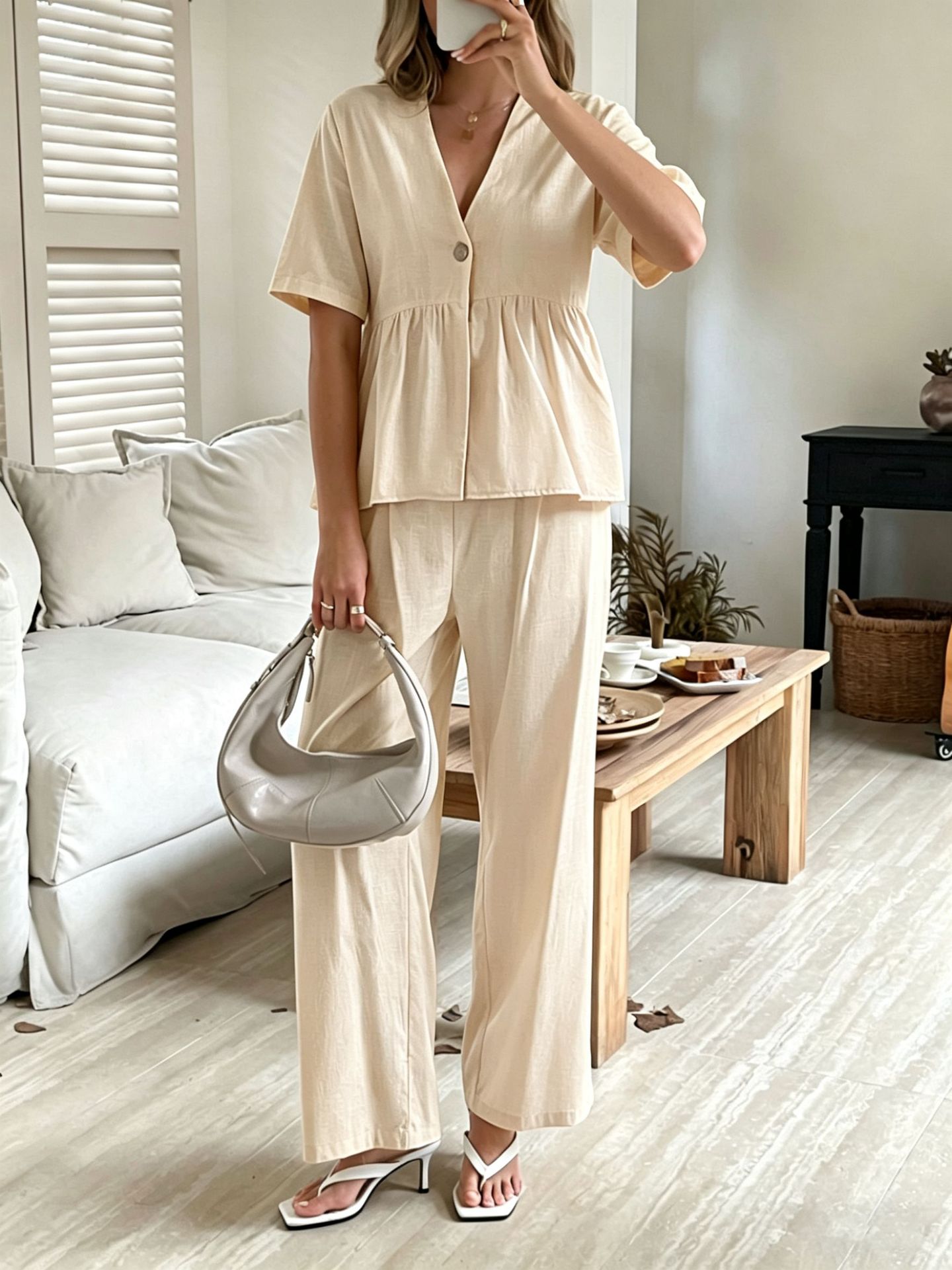 Women's V-Neck Loose Top and Wide-Leg Pants in Apricot – relaxed fit