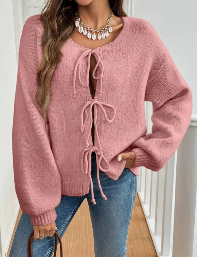 Women's Casual Loose Cardigan Lace up Solid Color Sweater Pink - Shop at LoveMi