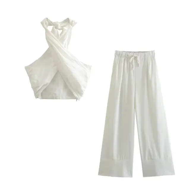 Hanging Collar Linen Top Wide Leg Pants Suit White Suit - Shop at LoveMi