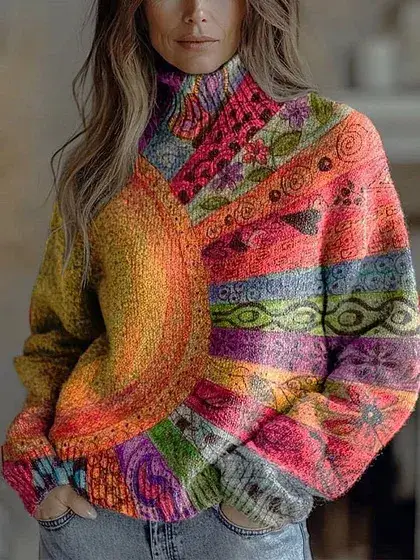 Womens Floral-Print Turtleneck Sweater