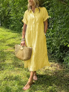 Loose Striped Short Sleeve Casual Cotton And Linen Dress - Yellow - View 1