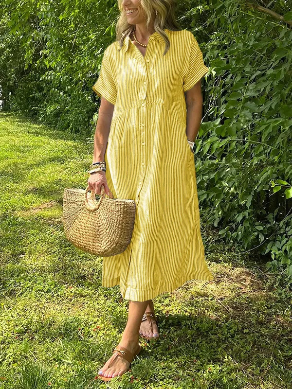 Loose Striped Short Sleeve Casual Cotton And Linen Dress Yellow - Shop at LoveMi