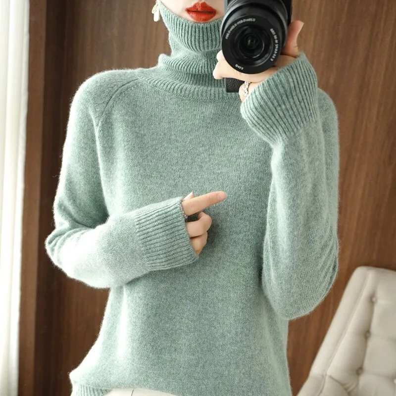 Women's Long-sleeved Bottoming Shirt Slim Slimming High Collar Sweater - Grass Green