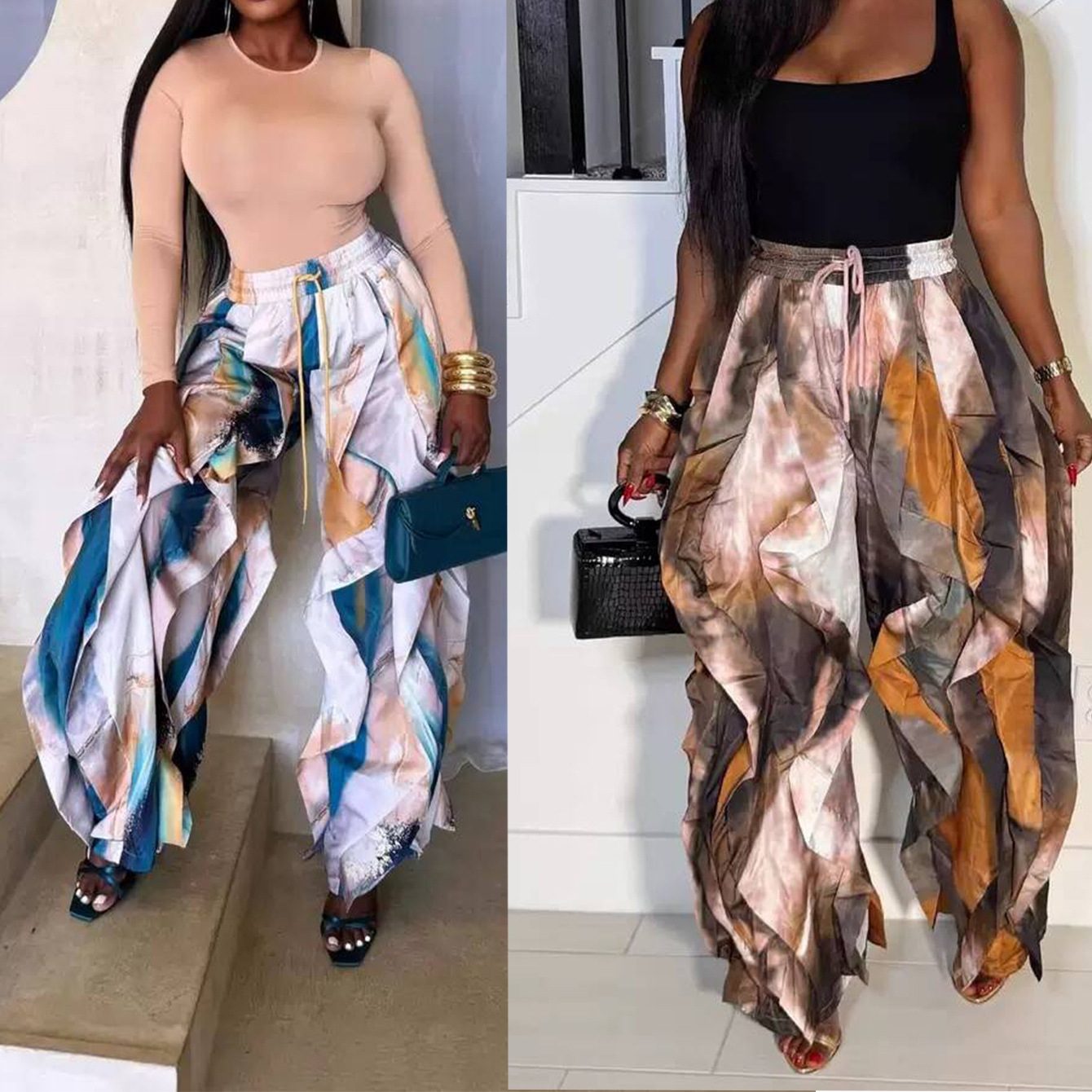 High-waisted Ruffled-edge Blue-and-orange Contrast-color Loose-fit Figure-flattering Draping Casual Trousers