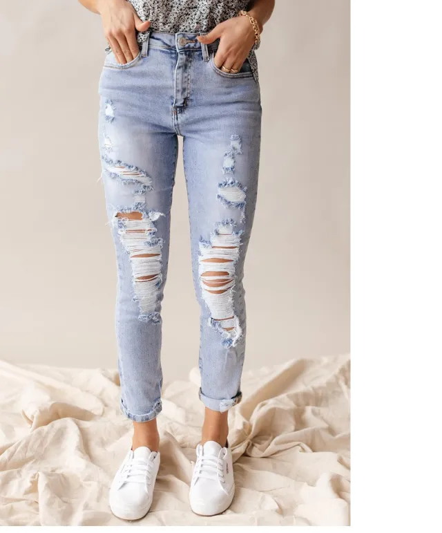 European And American Spring And Summer Leisure Fashion Holes High Waist Jeans For Women Light Blue - Shop at LoveMi