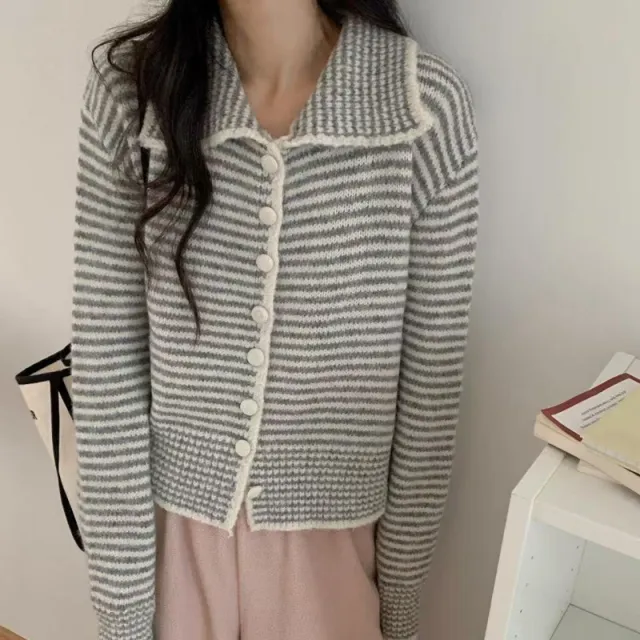 Gentle Simple Korean Style Polo Collar Stripes Long Sleeve Sweater Gray - Shop at LoveMi