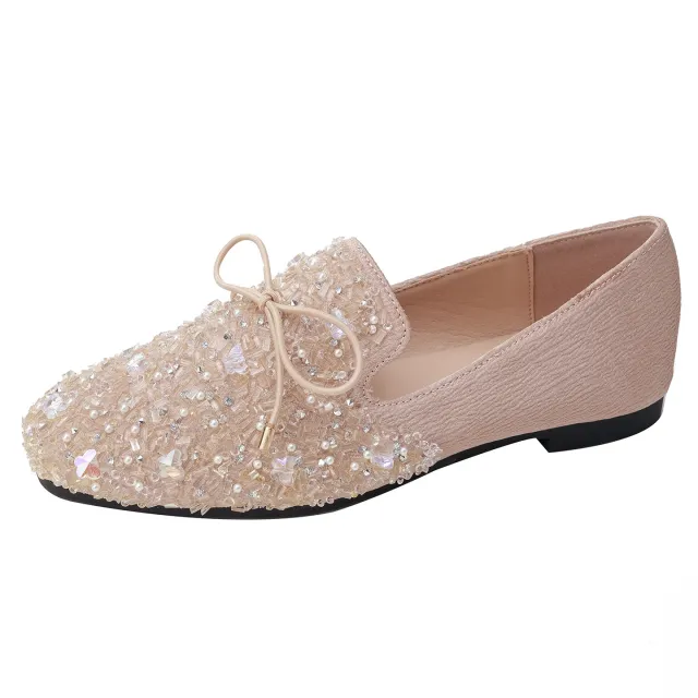 Rhinestone Square Head Pumps Women's Flat Low cut All match Pink - Shop at LoveMi