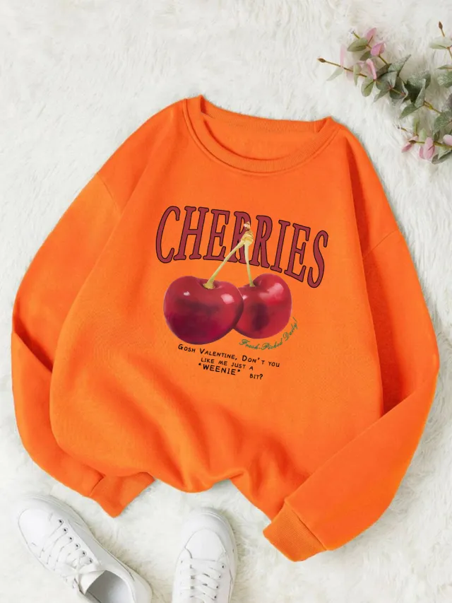 Fashion Women's Sweatshirt Fresh Red Cherry Printed Sweater Orange - Shop at LoveMi