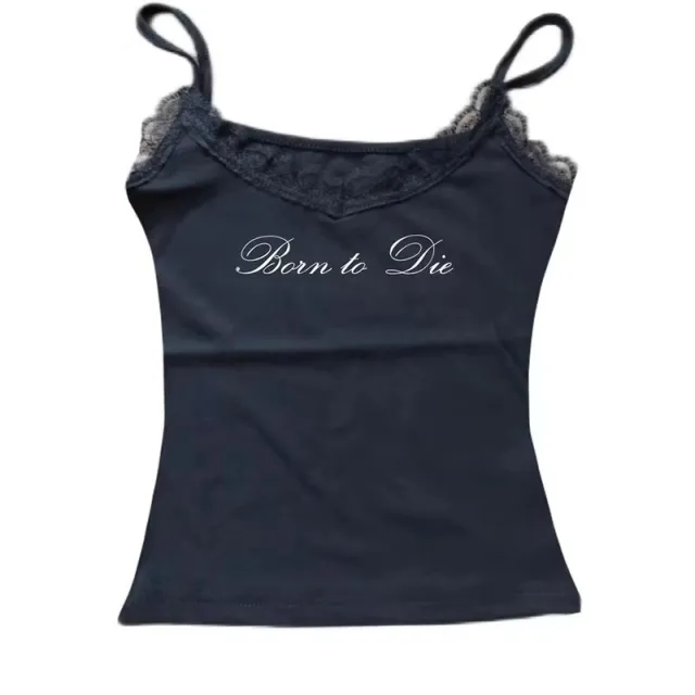 Sleeveless Lace Letter Print Sling Short Top Black - Shop at LoveMi