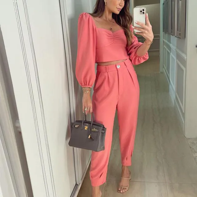 Fashion Matching Suit Temperament Pure Color Square Collar Long Sleeve Top High Waist Ankle tied Trousers Two piece Set Pink - Shop at LoveMi