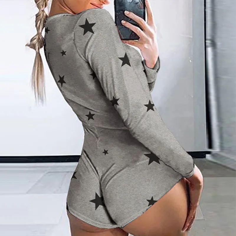 Printed Long-sleeved Pajamas Deep V Nightclub Tight Sexy Jumpsuit - 007Style-M