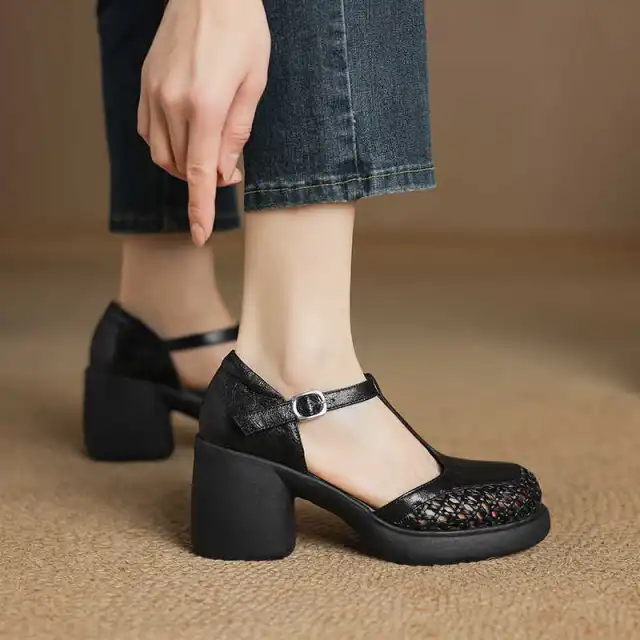Round Head Thick Bottom Chunky Heel T strap High Heels Black - Shop at LoveMi