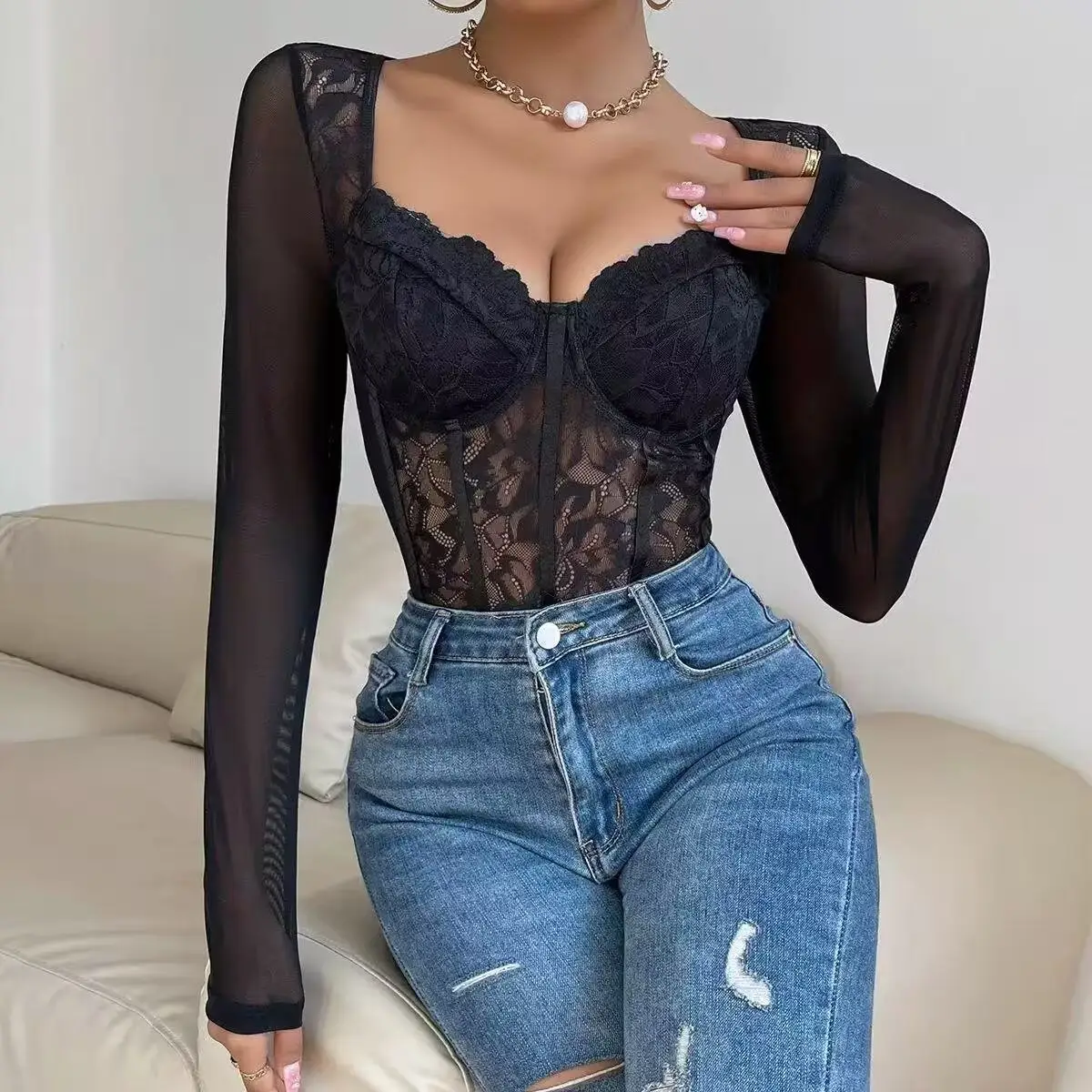 Womens Stylish Black Lace Hollow-Out Sheer Bodysuit