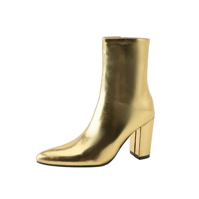 Pointed Toe Thick Heel Super High Heel Side Zipper Gold And Silver Color Middle Boots Silver - Shop at LoveMi