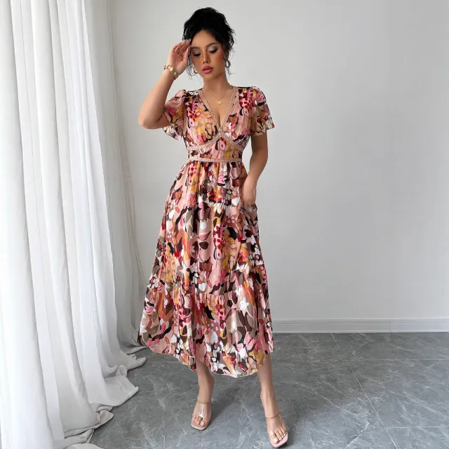 Advanced Minimalist Style Printed Lace Trim Dress For Women Red - Shop at LoveMi