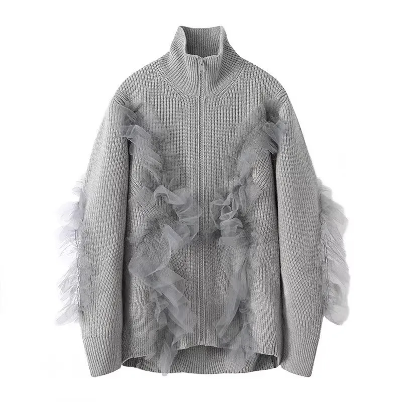 Autumn And Winter Women's Mesh Patchwork Stand-up Collar Knitted Cardigan Jacket - Gray