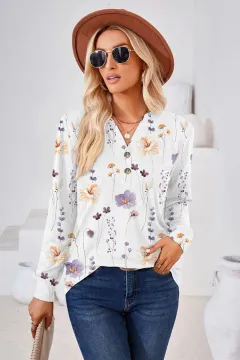 Women's Fashion Casual Printing Button V-neck Long Sleeve - White - View 1